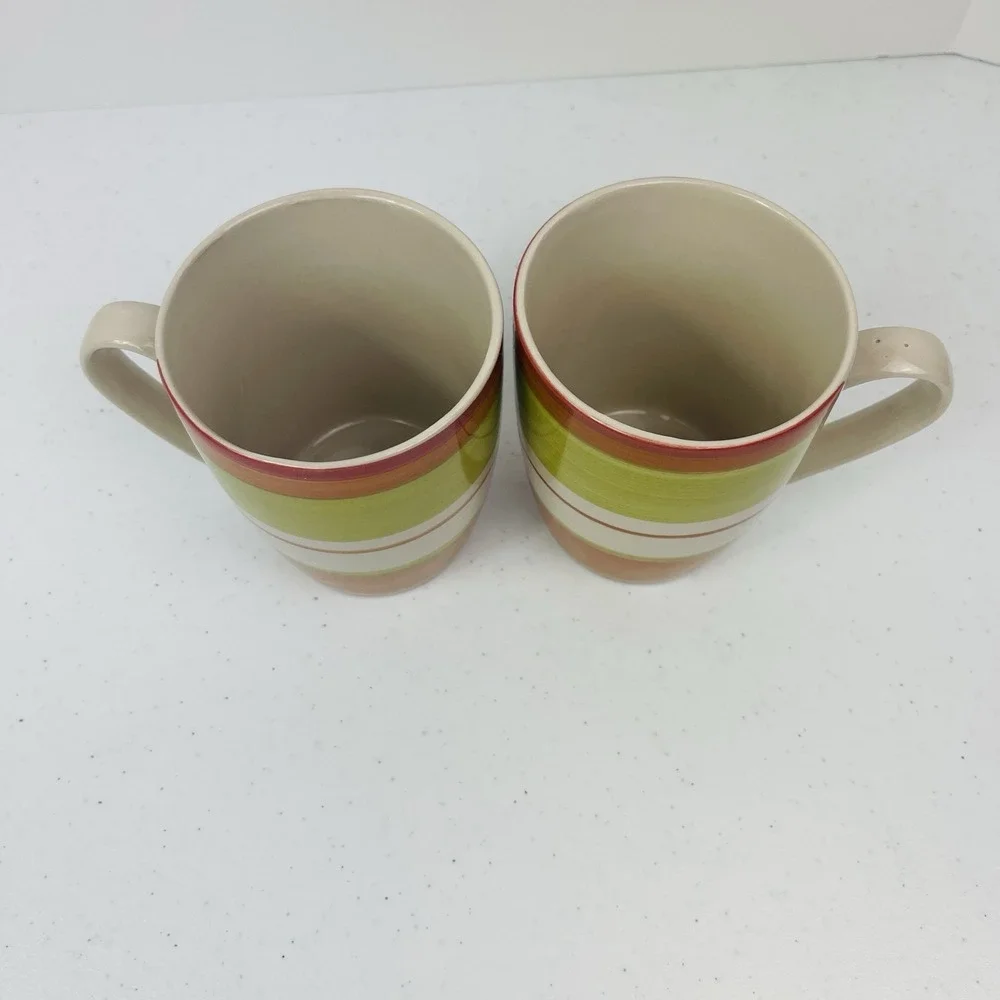 Pier 1 Valencia Stoneware Orange Red Rust Green Striped Mugs‎ Hand Painted Set 2